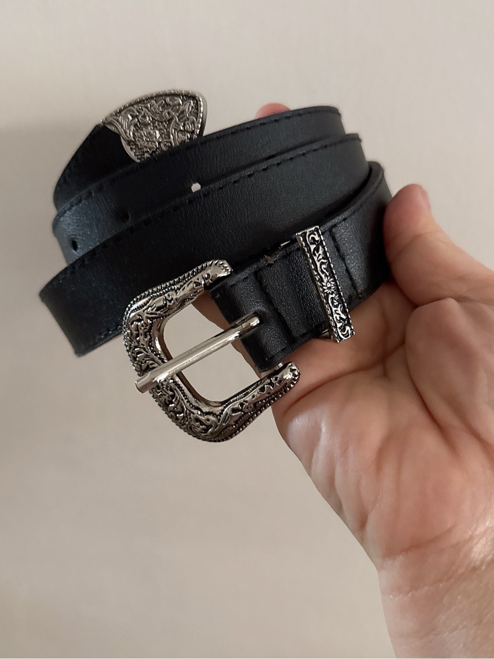 Women's Black Leather Belt with Ornate Silver Buckle